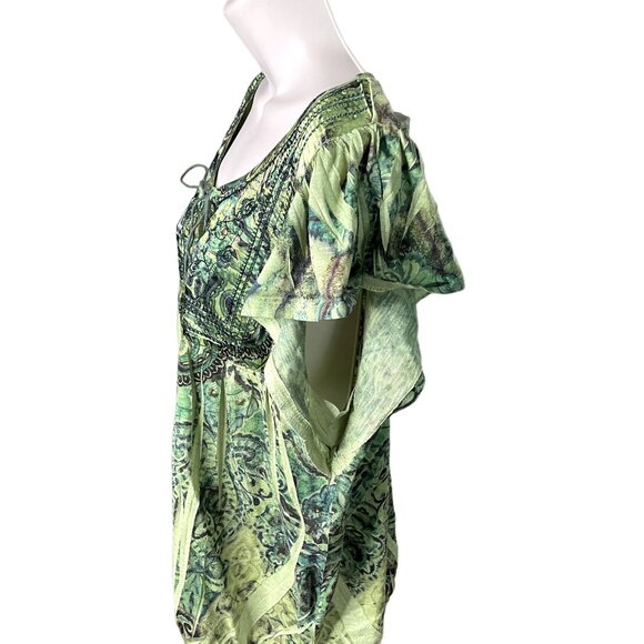 Womens Top Embroidered Bib Lace Back Tie Die Blouse u Green Size XL Boho Shirt E - Picture 4 of 7